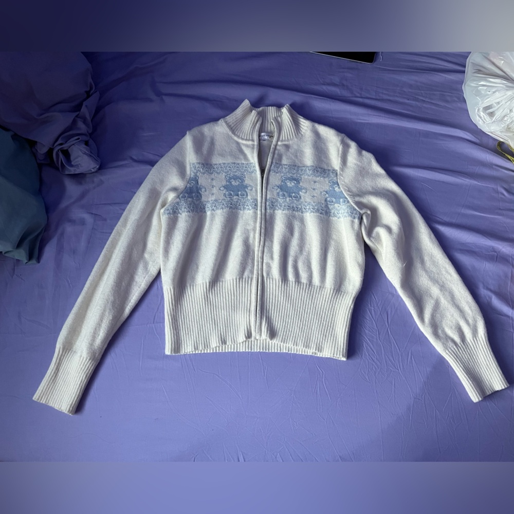 Women's White and Blue Teddy Bear Pattern Sweater size XL